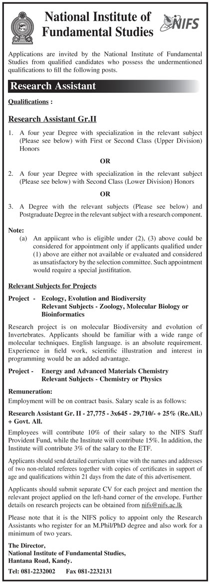 Research Assistant - National Institute of Fundamental Studies